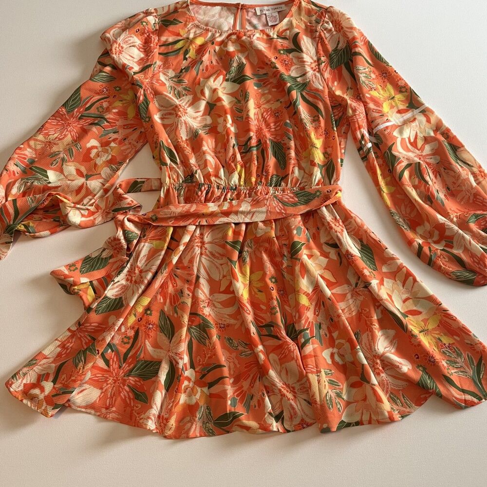 Flying Tomato Women's Orange Floral Mini Dress Bishop Sleeves Belt Large